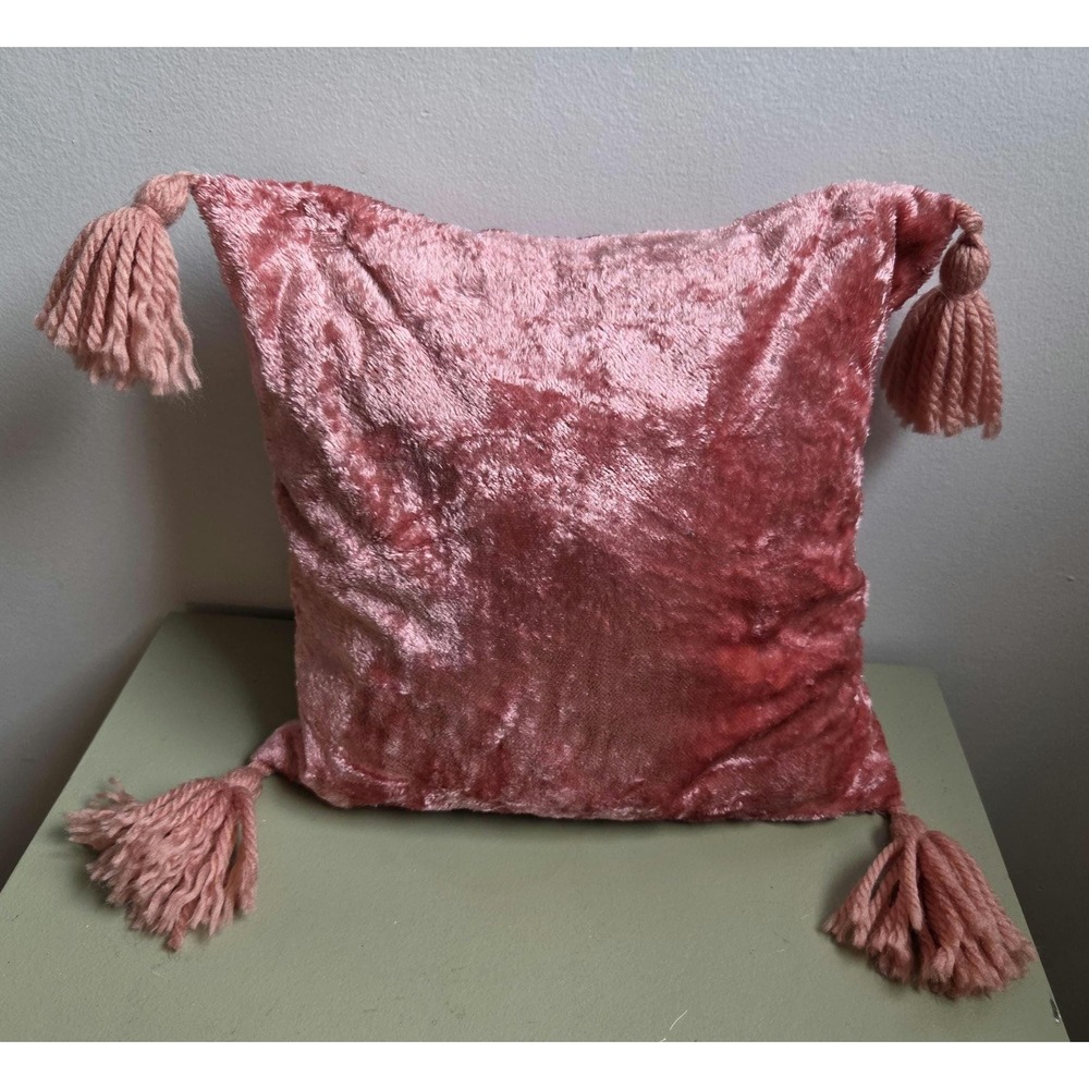 Vintage Pink Velvet Throw Pillow with Tassels, Romantic Boho Cottage Decor